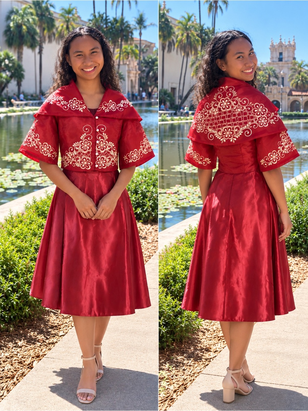 Maria Clara Balona Burgundy Matched with Embroidered Burgundy Midi Dress